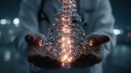 Spinal Health: A doctor in a white coat gently cradles a glowing, detailed spine model, symbolizing healthcare, medicine, and the future of spinal treatment.