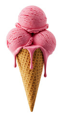 Delicious Pink Ice Cream in Waffle Cone Isolated on Transparent Background