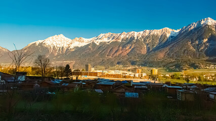 Alpine spring view with the Nordkette mountains near Innsbruck, Tyrol, Austria