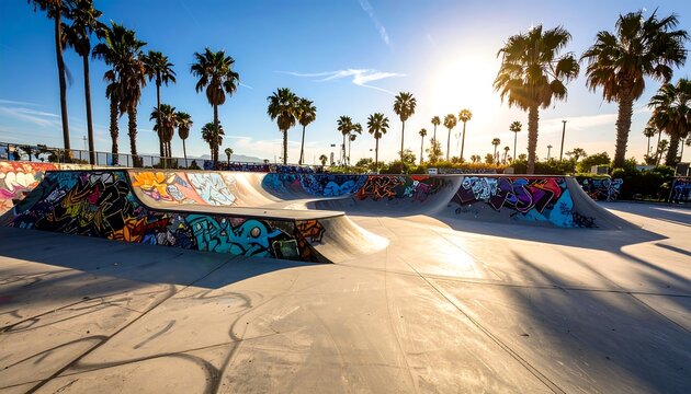 Fototapeta Graffiti Skate Park: Summer Lighting, Palm Tree Shadows