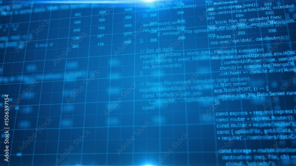Poster abstract background futuristic digital screen with glowing blue source code and connected lines for 