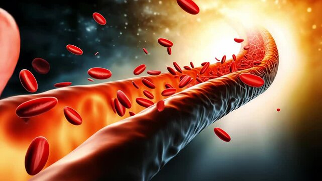 Atherosclerosis concept. An artistic representation of blood flowing through a vessel, highlighting the movement of red blood cells.
