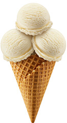 Delicious Three Scoops Of Vanilla Ice Cream On Brown Waffle Cone Isolated