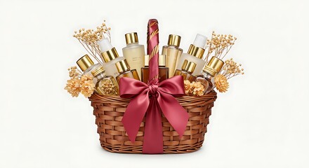 A luxury beauty basket with golden capped bottles, silk ribbon, and dried flowers, positioned in the center of a white background
