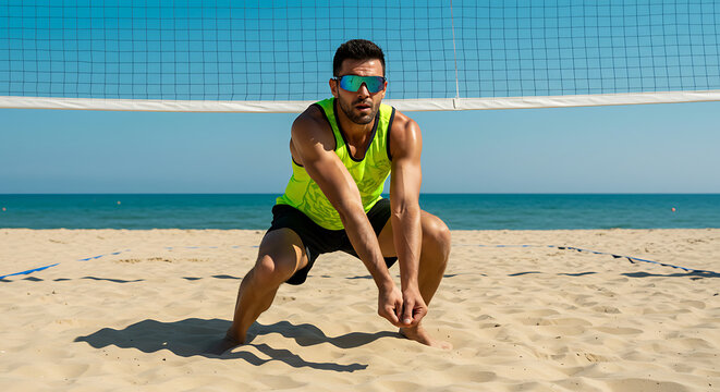Beach Volleyball Player in Neon Green Tank Top Ready to Receive