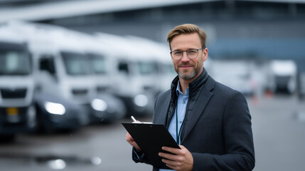 Confident manager holding clipboard standing in front of parked trucks at dealership representing fleet sales and management operations. 
