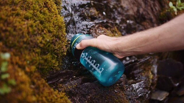 Locked-off close-up shot of a hiker filling a Nalgene bottle in a clear mountain stream, Purcell Mountains, Golden, BC.