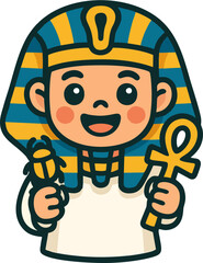 Cute Chibi Egyptian Pharaoh Holding Ankh and Scarab – Vector Illustration