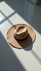 Beige Straw Hat with Dark Band on Bright Surface