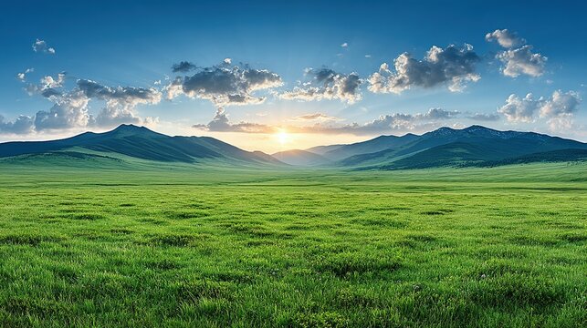 Lush green meadow stretches to rolling hills under a vibrant sunset sky.