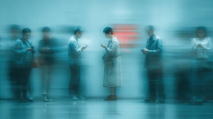 Blurred Connection: A group of individuals stands engrossed in their devices. The scene evokes a sense of digital absorption and the blurring of boundaries between the physical and digital realms. 