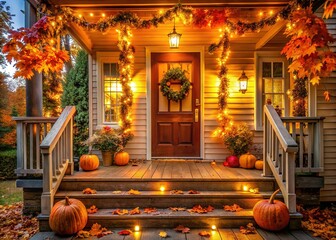 Obraz premium Autumn Decorated Home Porch at Night with Warm Lights and Pumpkins