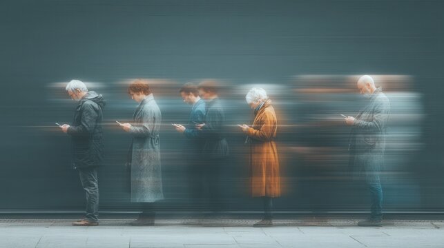 The Blurred Path: People are lost in their devices as the world rushes past, blurring the lines between reality and technology.