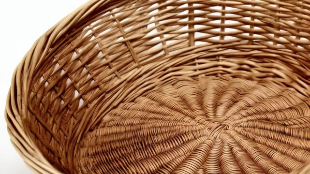 Close-up of an empty round woven wicker basket sitting on a white surface, viewed from a low angle and lit with bright lighting.