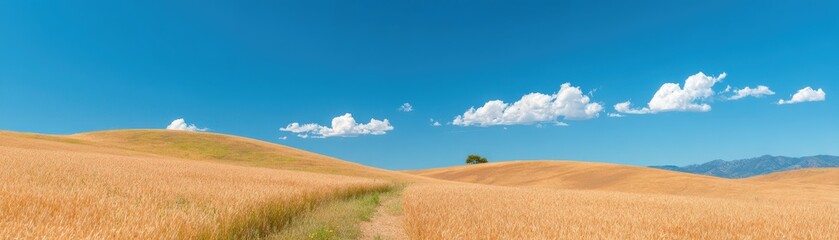 Fototapeta premium Rolling Hills Vista: The panoramic expanse of rolling golden hills, dotted with sparse trees and a path, unfolds beneath a vibrant, cloud-studded blue sky.