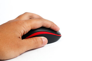 man hand holding computer mouse isolated white background