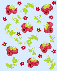 Seamless raspberry with flowers illustration for wallpaper background or wrapping