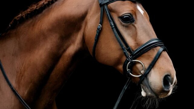 Chestnut horse portrait with braided mane and bridle on black background. Close-up of equine headshot in studio lighting.