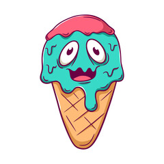 Cartoon ice cream cone with a green and pink face and dripping ice cream