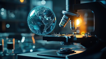 A digital globe hovers near a focused scientific instrument.