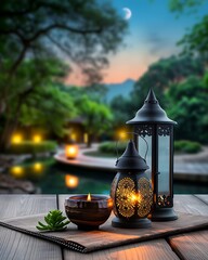 Lanterns and Candlelight at Dusk in Serene Garden