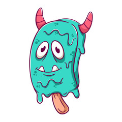 Cartoon ice cream monster with green face and horns