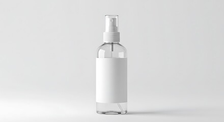 A front facing mockup of a transparent cosmetic spray bottle with a plain label, centered on a clean white background
