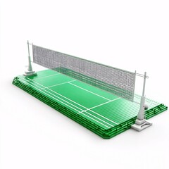 3D badminton court with net shown on white, designed with colorful and vibrant plastic style.