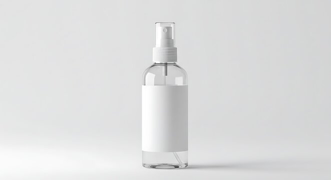 A front facing mockup of a transparent cosmetic spray bottle with a plain label, centered on a clean white background
 - Powered by Adobe