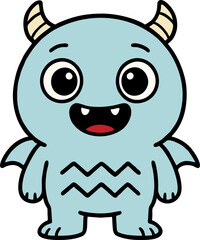 Cute Blue Cartoon Monster with Horns and Wings