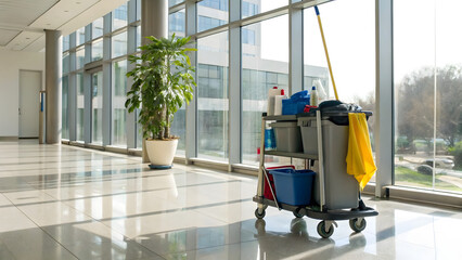 A cleaning cart loaded with a mop and broom stands in the hallway of a office building, copy space 