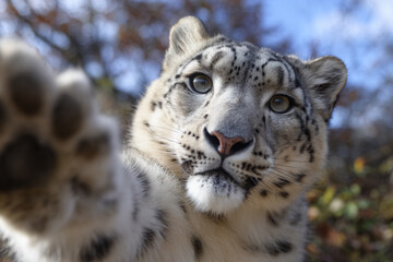 Naklejka premium a snow leopard is looking at the camera