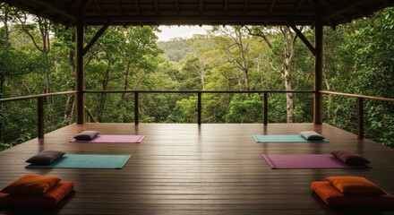 Yoga Space on Wooden Deck Overlooking Forest