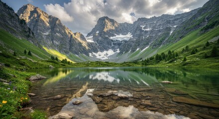 Mountain Lake View with Greenery and Snow