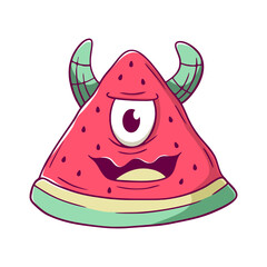 Cartoon monster watermelon. The monster has horns and an eye on its forehead