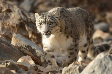 Naklejka premium a snow leopard walking on rocks in the wilderness
