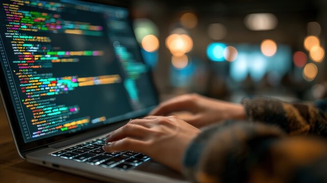 Coding in action: A close-up view of hands intently typing on a laptop, the screen illuminated with lines of code, a testament to the world of technology and programming. . Ai image - Powered by Adobe