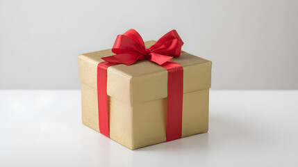 Golden gift box with red ribbon bow, symbolizing luxury and celebration