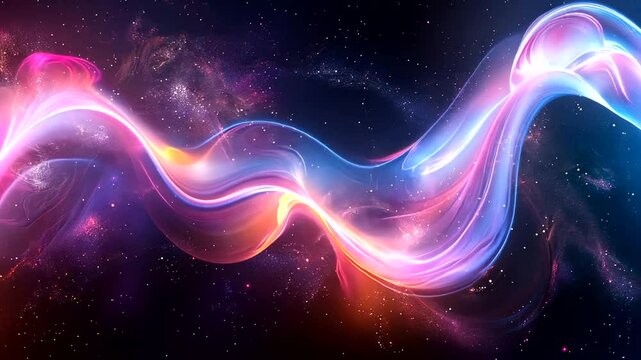 Abstract luminous ribbon art, flowing through starry nebulas. Rich gradient colors shift from cool blues to hot oranges and pinks