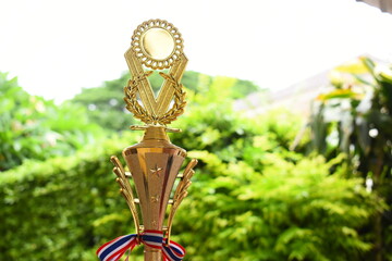 beautiful golden trophy of football contest on green tree background