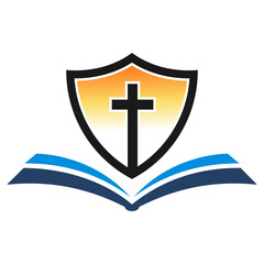 combination of cross with shield on top of book vector logo