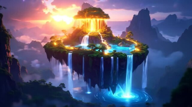 Floating Island With Glowing Waterfalls At Sunset