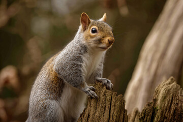 a squirrel is sitting on a tree stump