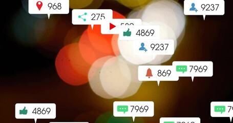 When scene starts notification icons multiplying and drifting over bokeh showing engagement growth - Powered by Adobe