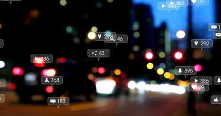 Blurred dusk light streaks moving sparking social media icons rising, fading visualizing engagement - Powered by Adobe