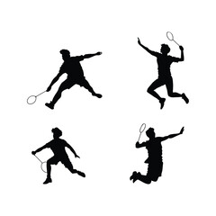 Dynamic Silhouette Set of Male Badminton Players Performing Jump Smashes Vector Sports Illustration Isolated on White Background
