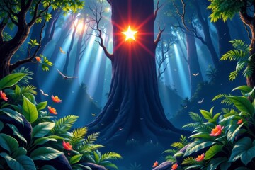 Pixel Art Forest Scene Glowing Star in Mystical Tree, Sunlight Beams, Lush Green Foliage