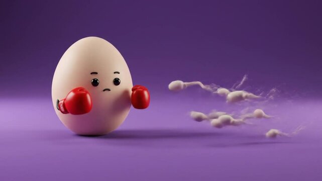 Egg's Challenge: A whimsical illustration depicts an egg poised in boxing gloves, ready to face approaching sperm, against a purple backdrop.