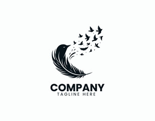 Fototapeta premium Elegant Black Feather Silhouette Releasing Smaller Birds Flying Vector Logo Design