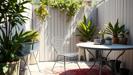 Urban Balcony Garden with Mid-Century Modern Decor on a Sunny Day